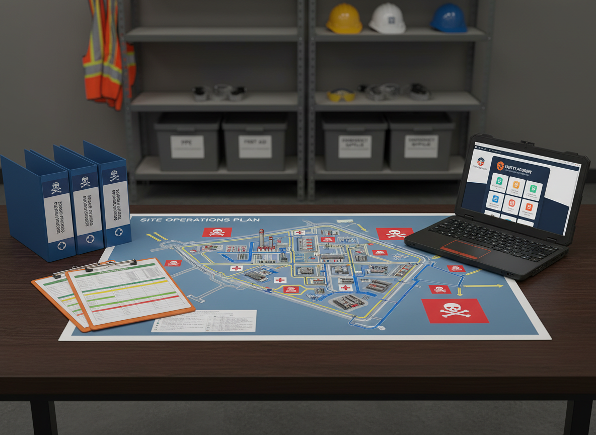 A wide, photographic view of an industrial operations site safety planning table, showing a large laminated site map spread across a dark, clean tabletop with clearly marked hazard zones, traffic patterns, and emergency routes in bold colors. Around the map lie printed SOPs in branded binders, color-coded inspection checklists on sturdy clipboards, and a rugged laptop open to a digital training portal interface. The background reveals blurred shelves with neatly arranged safety equipment and labeled storage bins. Overhead LED lighting creates even, neutral illumination with minimal glare, highlighting crisp details and textures. Captured from a slightly elevated angle using the rule of thirds, the composition feels structured and authoritative, conveying a serious, compliance-driven atmosphere aligned with OSHA and MSHA standards.