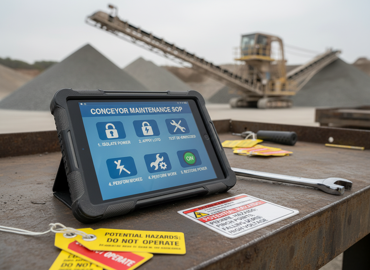 A close-up, photographic scene of a heavy-duty tablet encased in a rugged, dust-resistant cover resting on a steel workbench at a quarry, its bright screen displaying a clear, step-by-step standard operating procedure for conveyor maintenance with simple icons and bold headings. Around the tablet are neatly arranged laminated lockout/tagout tags, a silver torque wrench, and a clearly labeled hazard identification card. The setting includes a blurred background of aggregate piles and industrial equipment under an overcast sky. Soft, diffused natural light reduces harsh shadows, creating a practical, focused mood. Shot from a low, three-quarter angle with shallow depth of field, the image emphasizes the tablet and documentation, underscoring technology-enabled safety compliance in a rugged environment.